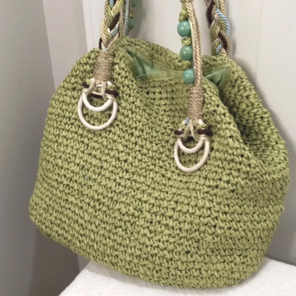 Braciano Large Lite Green Woven Purse With Colorful Braided Handles - Picture 3 of 8